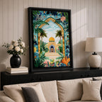 Colorful illustration of Al Aqsa Mosque complex featuring a golden dome shrine framed by a lush floral archway with palm trees, tropical leaves, and vibrant flowers surrounding a decorative courtyard leading to the mosque entrance.