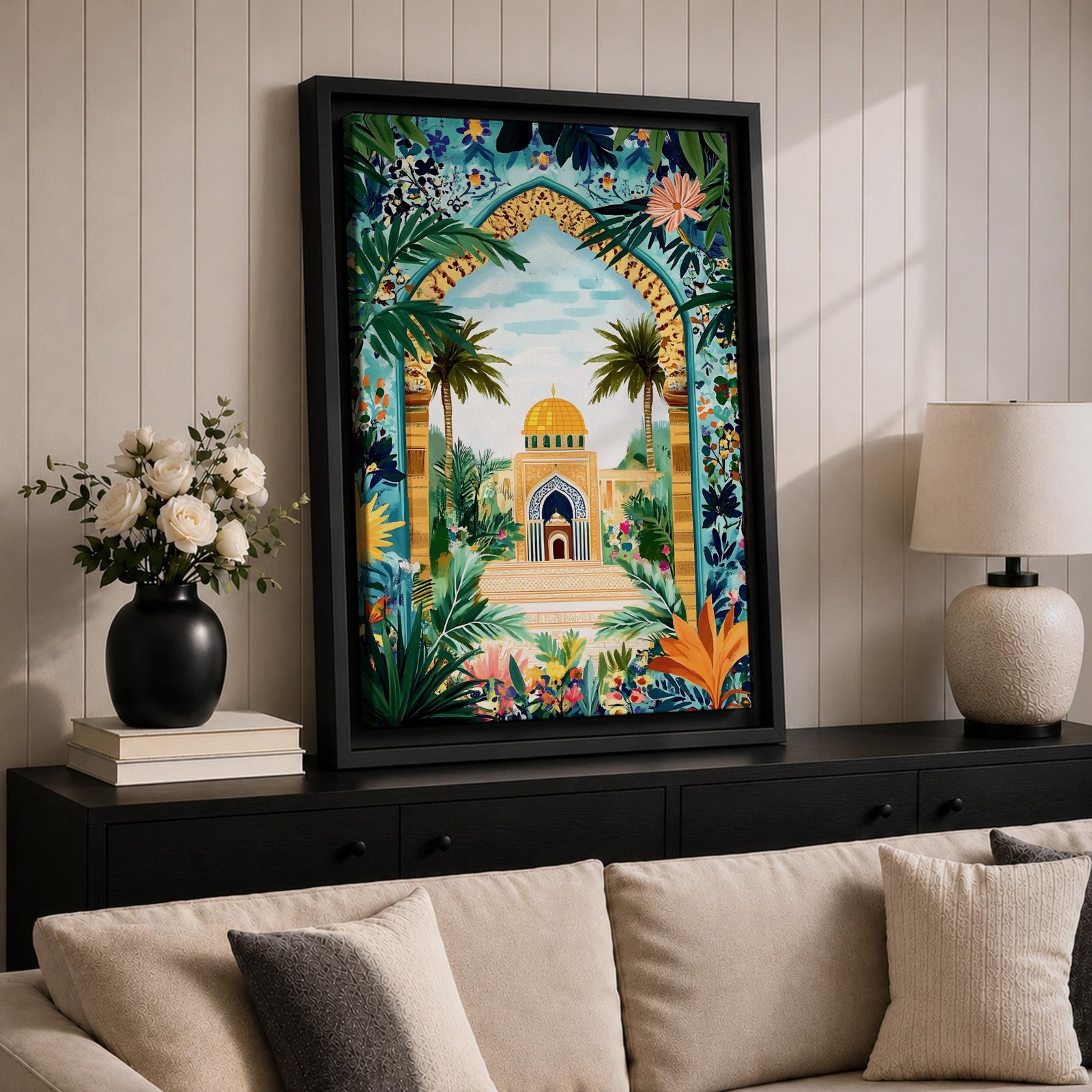 Colorful illustration of Al Aqsa Mosque complex featuring a golden dome shrine framed by a lush floral archway with palm trees, tropical leaves, and vibrant flowers surrounding a decorative courtyard leading to the mosque entrance.
