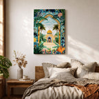 Colorful illustration of Al Aqsa Mosque complex featuring a golden dome shrine framed by a lush floral archway with palm trees, tropical leaves, and vibrant flowers surrounding a decorative courtyard leading to the mosque entrance.
