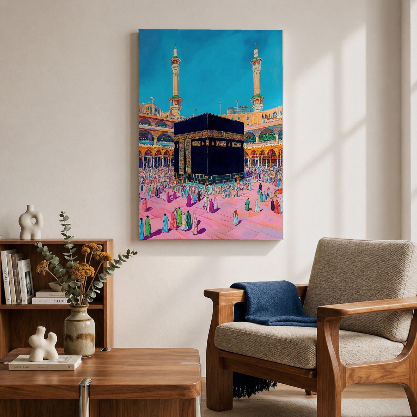 Colorful illustration of the sacred Kaaba at Masjid al-Haram in Mecca surrounded by pilgrims performing tawaf in the mosque courtyard, with two tall minarets rising above the holy mosque under a bright blue sky.