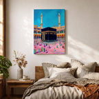 Colorful illustration of the sacred Kaaba at Masjid al-Haram in Mecca surrounded by pilgrims performing tawaf in the mosque courtyard, with two tall minarets rising above the holy mosque under a bright blue sky.