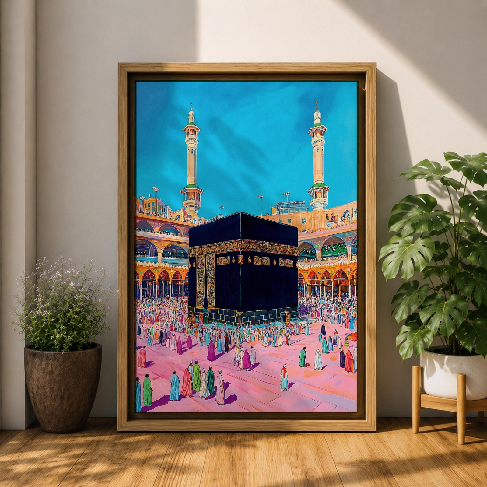 Colorful illustration of the sacred Kaaba at Masjid al-Haram in Mecca surrounded by pilgrims performing tawaf in the mosque courtyard, with two tall minarets rising above the holy mosque under a bright blue sky.