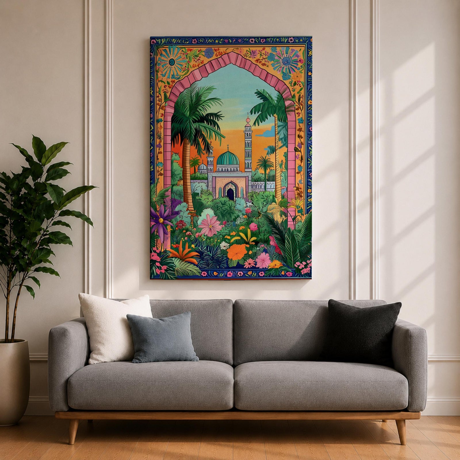 Colorful illustration of Masjid Al Nabawi in Medina featuring the iconic green dome and tall minaret seen through a decorative garden archway surrounded by palm trees, flowers, and lush plants at sunset.