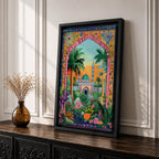Colorful illustration of Masjid Al Nabawi in Medina featuring the iconic green dome and tall minaret seen through a decorative garden archway surrounded by palm trees, flowers, and lush plants at sunset.