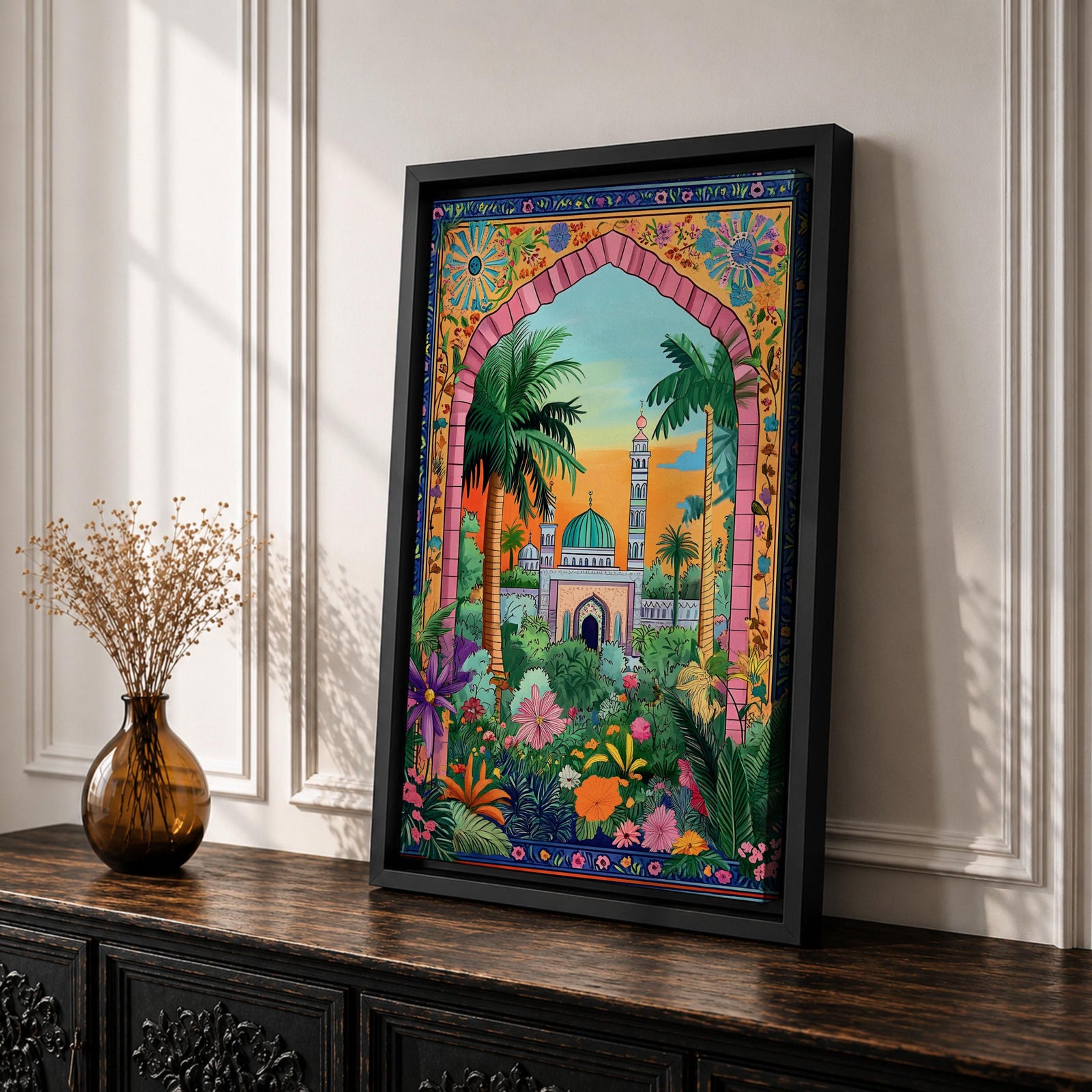Colorful illustration of Masjid Al Nabawi in Medina featuring the iconic green dome and tall minaret seen through a decorative garden archway surrounded by palm trees, flowers, and lush plants at sunset.