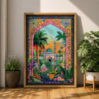 Colorful illustration of Masjid Al Nabawi in Medina featuring the iconic green dome and tall minaret seen through a decorative garden archway surrounded by palm trees, flowers, and lush plants at sunset.