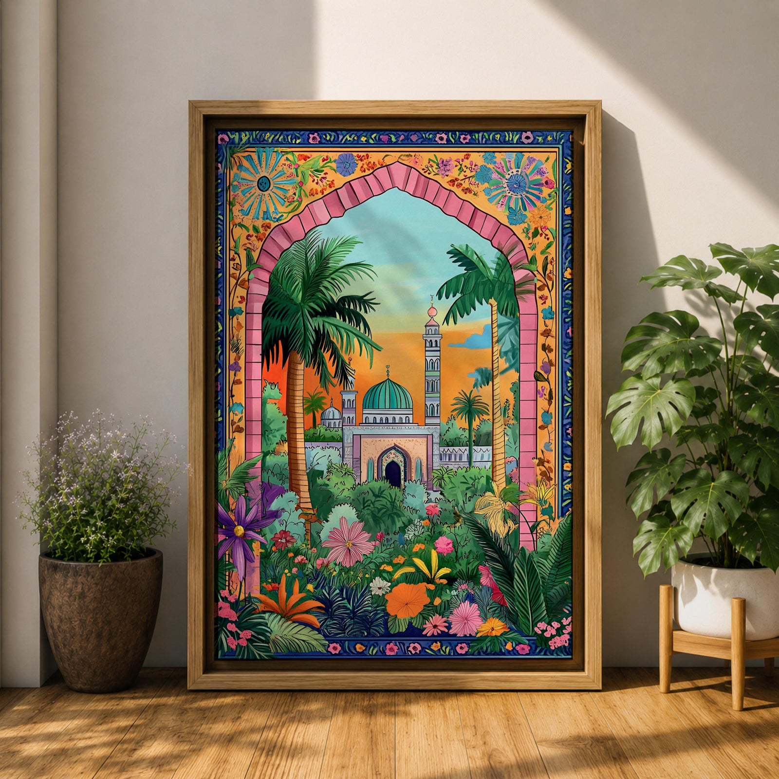 Colorful illustration of Masjid Al Nabawi in Medina featuring the iconic green dome and tall minaret seen through a decorative garden archway surrounded by palm trees, flowers, and lush plants at sunset.
