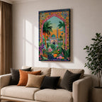 Colorful illustration of Masjid Al Nabawi in Medina featuring the iconic green dome and tall minaret seen through a decorative garden archway surrounded by palm trees, flowers, and lush plants at sunset.