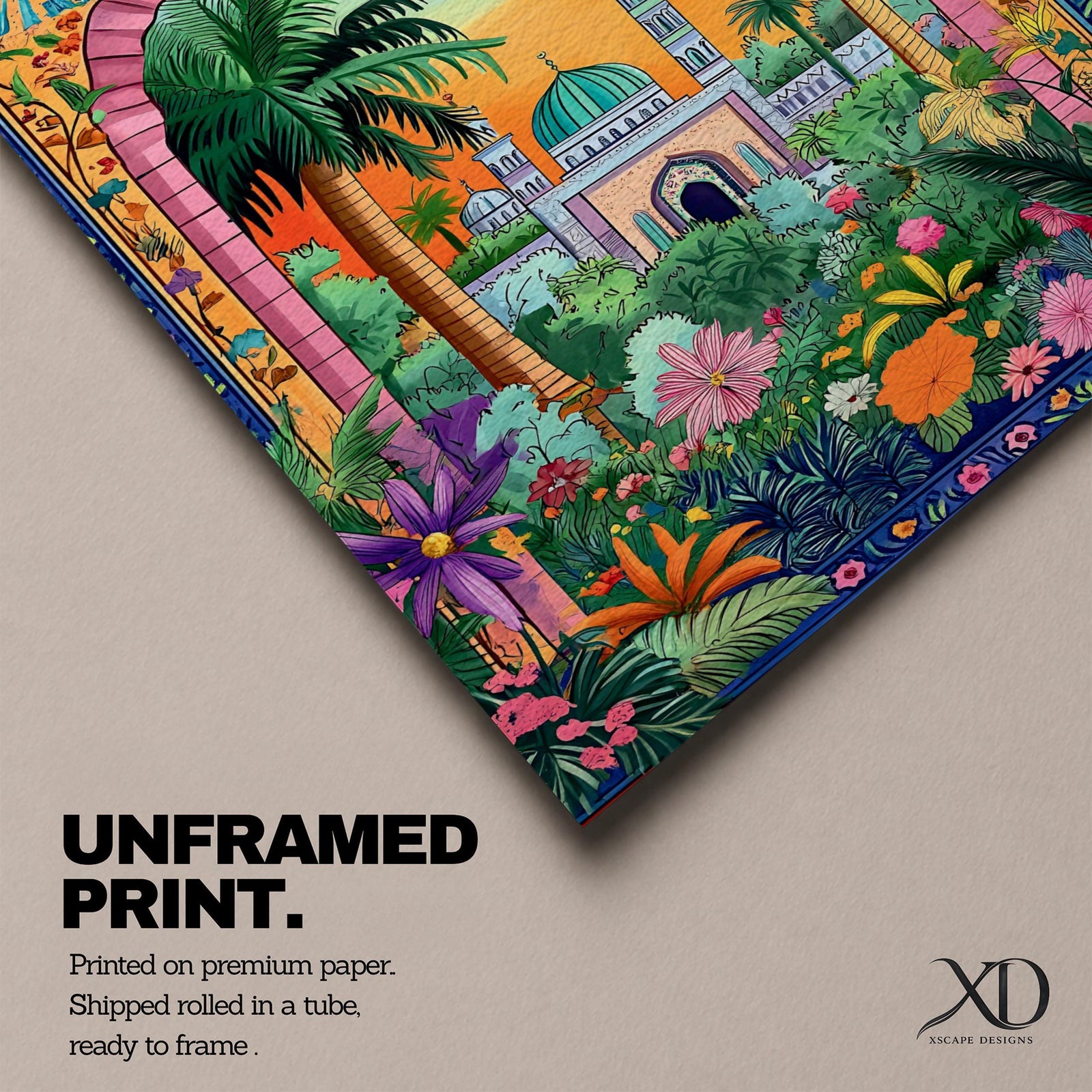 Colorful illustration of Masjid Al Nabawi in Medina featuring the iconic green dome and tall minaret seen through a decorative garden archway surrounded by palm trees, flowers, and lush plants at sunset.