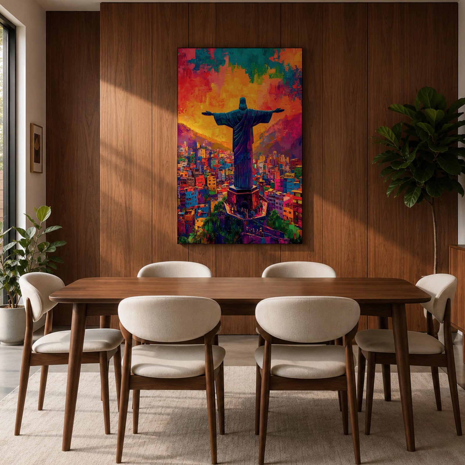 Illustration of the Christ the Redeemer statue standing atop Corcovado mountain in Rio de Janeiro with arms outstretched, silhouetted against a glowing sunset sky, the monumental figure illuminated by warm golden light, rendered with soft shading and dramatic color in a devotional composition centered on the iconic Brazilian Catholic landmark.