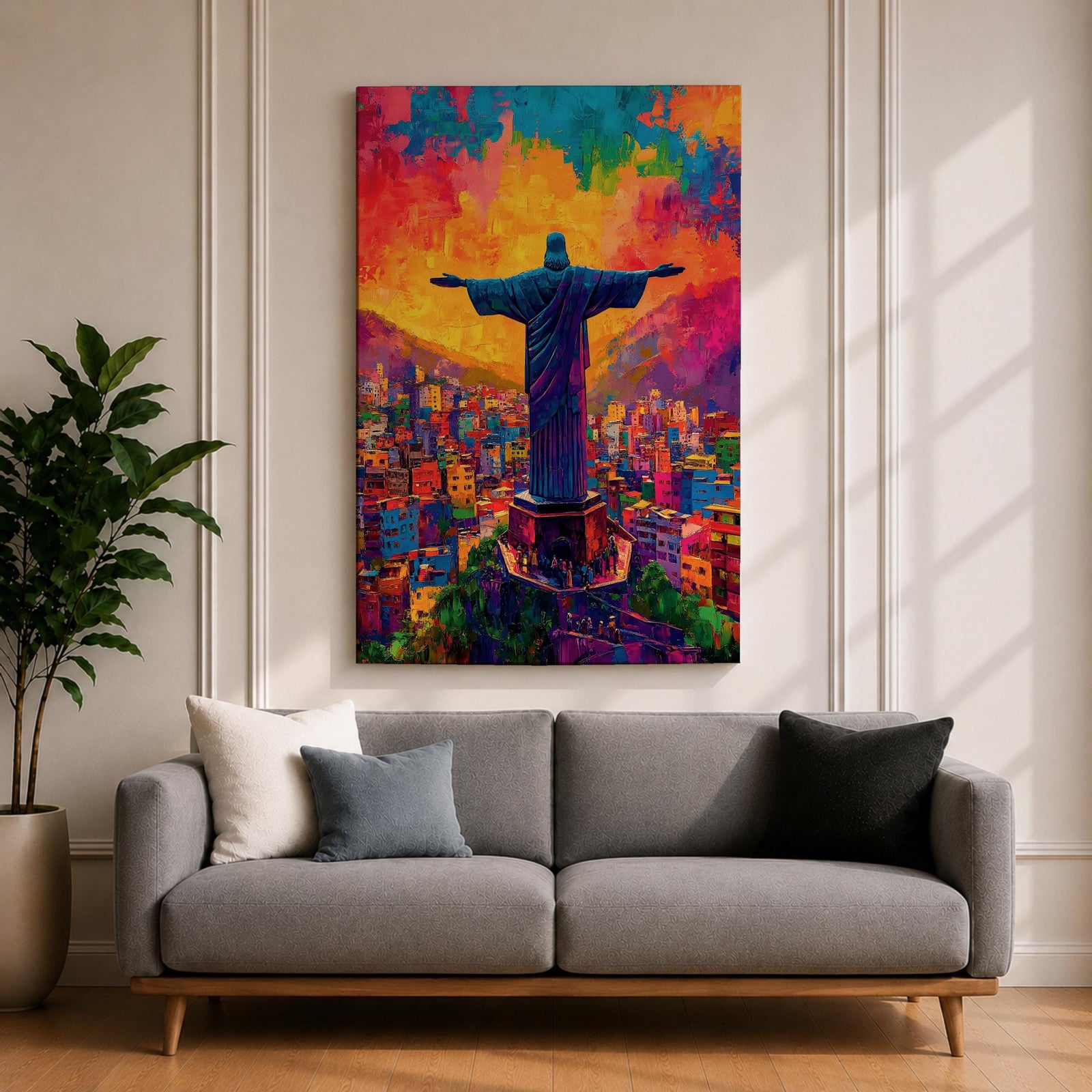 Illustration of the Christ the Redeemer statue standing atop Corcovado mountain in Rio de Janeiro with arms outstretched, silhouetted against a glowing sunset sky, the monumental figure illuminated by warm golden light, rendered with soft shading and dramatic color in a devotional composition centered on the iconic Brazilian Catholic landmark.