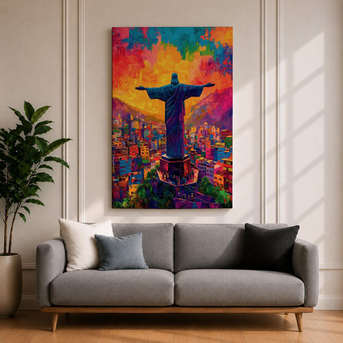 Illustration of the Christ the Redeemer statue standing atop Corcovado mountain in Rio de Janeiro with arms outstretched, silhouetted against a glowing sunset sky, the monumental figure illuminated by warm golden light, rendered with soft shading and dramatic color in a devotional composition centered on the iconic Brazilian Catholic landmark.