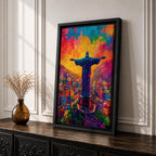 Illustration of the Christ the Redeemer statue standing atop Corcovado mountain in Rio de Janeiro with arms outstretched, silhouetted against a glowing sunset sky, the monumental figure illuminated by warm golden light, rendered with soft shading and dramatic color in a devotional composition centered on the iconic Brazilian Catholic landmark.