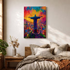 Illustration of the Christ the Redeemer statue standing atop Corcovado mountain in Rio de Janeiro with arms outstretched, silhouetted against a glowing sunset sky, the monumental figure illuminated by warm golden light, rendered with soft shading and dramatic color in a devotional composition centered on the iconic Brazilian Catholic landmark.
