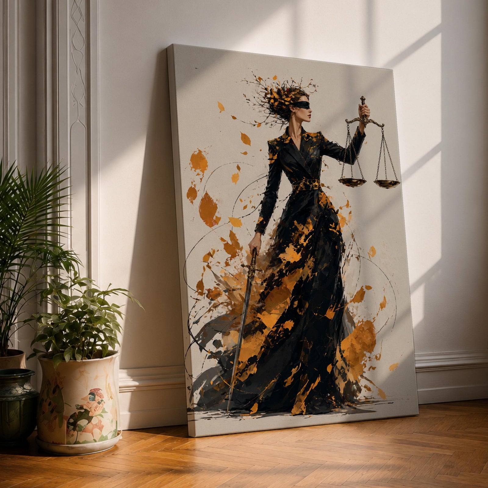Add sophistication to your legal space with this Lady Justice Wall Art, featuring a striking abstract depiction of the blindfolded goddess holding the scales of justice. Bold gold splashes and expressive brushstrokes create a powerful canvas print for lawyer offices, law firms, and courtrooms.