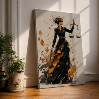 Add sophistication to your legal space with this Lady Justice Wall Art, featuring a striking abstract depiction of the blindfolded goddess holding the scales of justice. Bold gold splashes and expressive brushstrokes create a powerful canvas print for lawyer offices, law firms, and courtrooms.