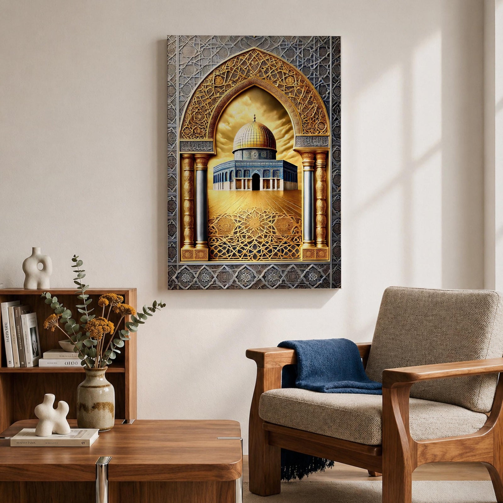 Ornate artwork of the Dome of the Rock in Jerusalem framed by a decorative Islamic archway with intricate geometric patterns and golden architectural details surrounding the iconic golden dome shrine.