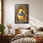Ornate artwork of the Dome of the Rock in Jerusalem framed by a decorative Islamic archway with intricate geometric patterns and golden architectural details surrounding the iconic golden dome shrine.