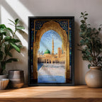 Artwork of Masjid Al Nabawi in Medina seen through an ornate stone arch with intricate Islamic patterns, featuring the iconic green dome, tall minaret, and the mosque’s peaceful courtyard beneath a bright blue sky with birds in flight.