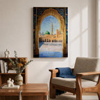 Artwork of Masjid Al Nabawi in Medina seen through an ornate stone arch with intricate Islamic patterns, featuring the iconic green dome, tall minaret, and the mosque’s peaceful courtyard beneath a bright blue sky with birds in flight.