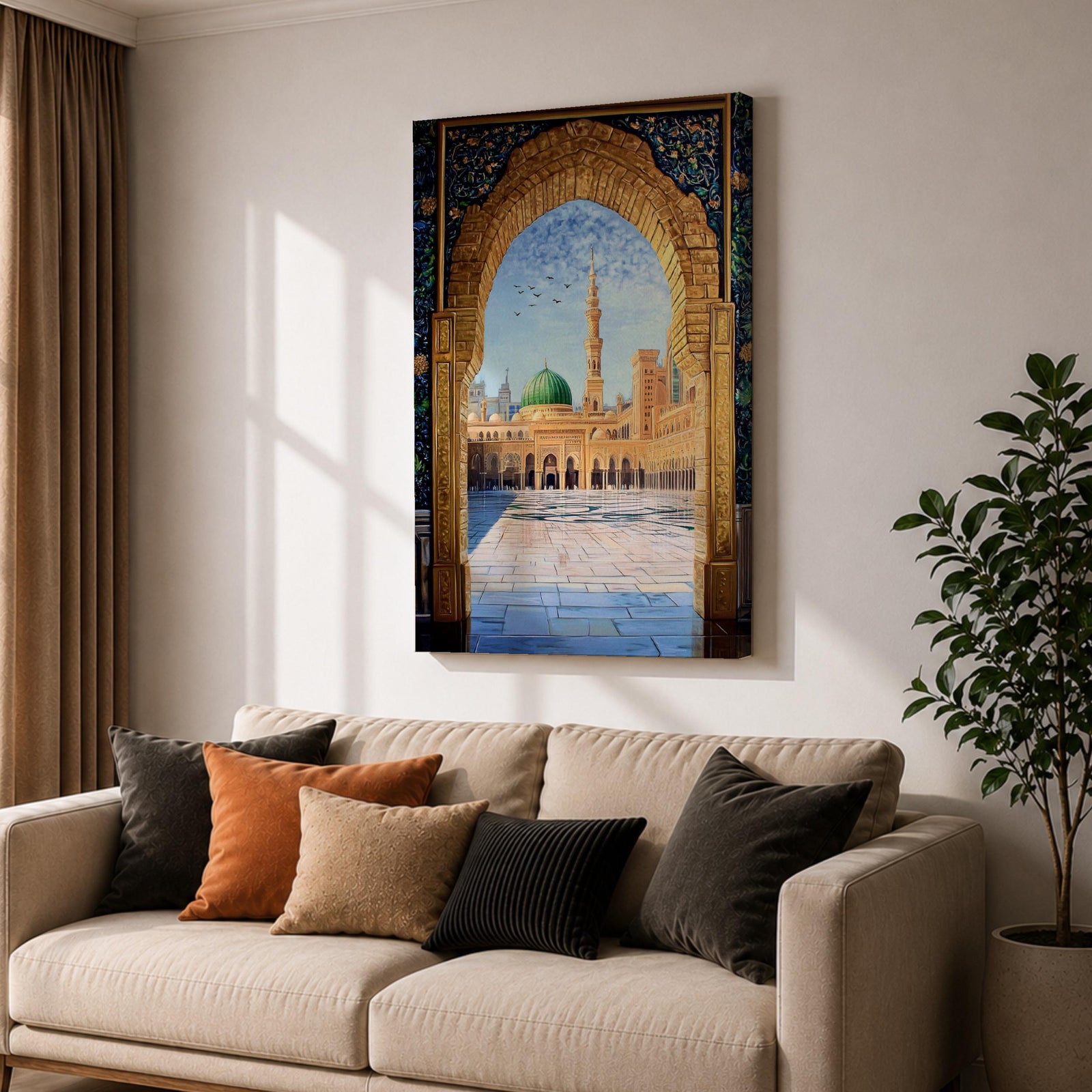Artwork of Masjid Al Nabawi in Medina seen through an ornate stone arch with intricate Islamic patterns, featuring the iconic green dome, tall minaret, and the mosque’s peaceful courtyard beneath a bright blue sky with birds in flight.