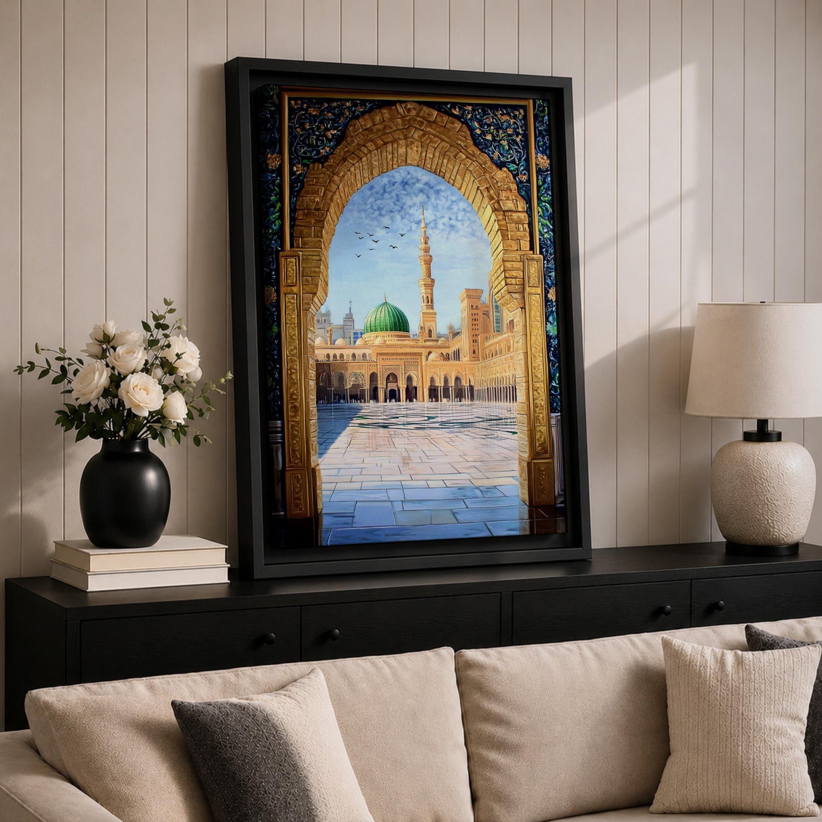 Artwork of Masjid Al Nabawi in Medina seen through an ornate stone arch with intricate Islamic patterns, featuring the iconic green dome, tall minaret, and the mosque’s peaceful courtyard beneath a bright blue sky with birds in flight.