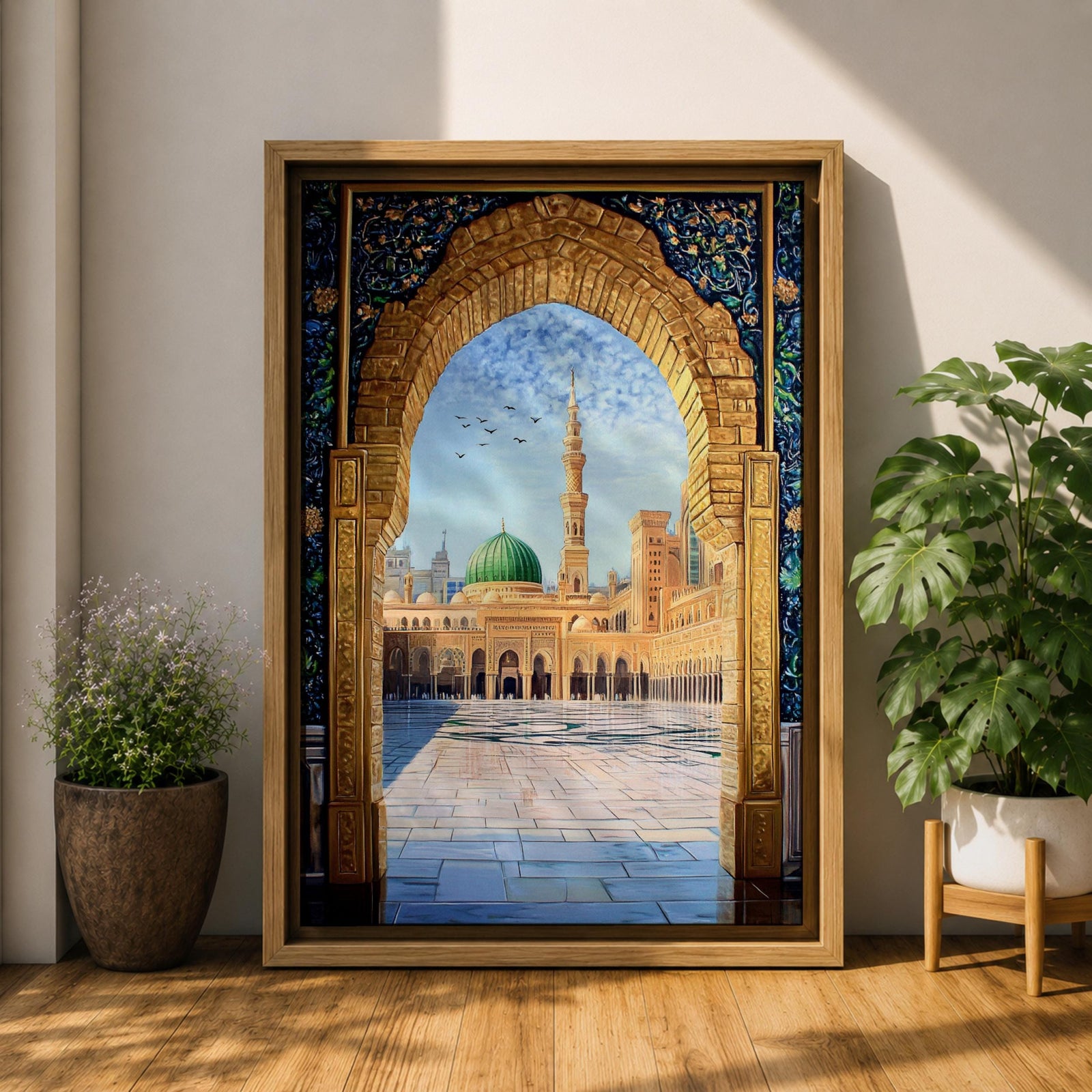 Artwork of Masjid Al Nabawi in Medina seen through an ornate stone arch with intricate Islamic patterns, featuring the iconic green dome, tall minaret, and the mosque’s peaceful courtyard beneath a bright blue sky with birds in flight.