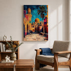 Textured painting of a golden dome mosque rising above an old city street lined with historic stone buildings, palm trees, and warm sunset colors under a vivid blue sky.