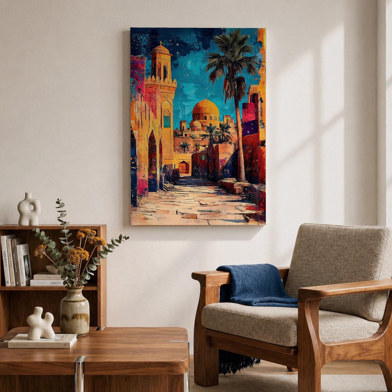 Textured painting of a golden dome mosque rising above an old city street lined with historic stone buildings, palm trees, and warm sunset colors under a vivid blue sky.