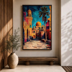 Textured painting of a golden dome mosque rising above an old city street lined with historic stone buildings, palm trees, and warm sunset colors under a vivid blue sky.