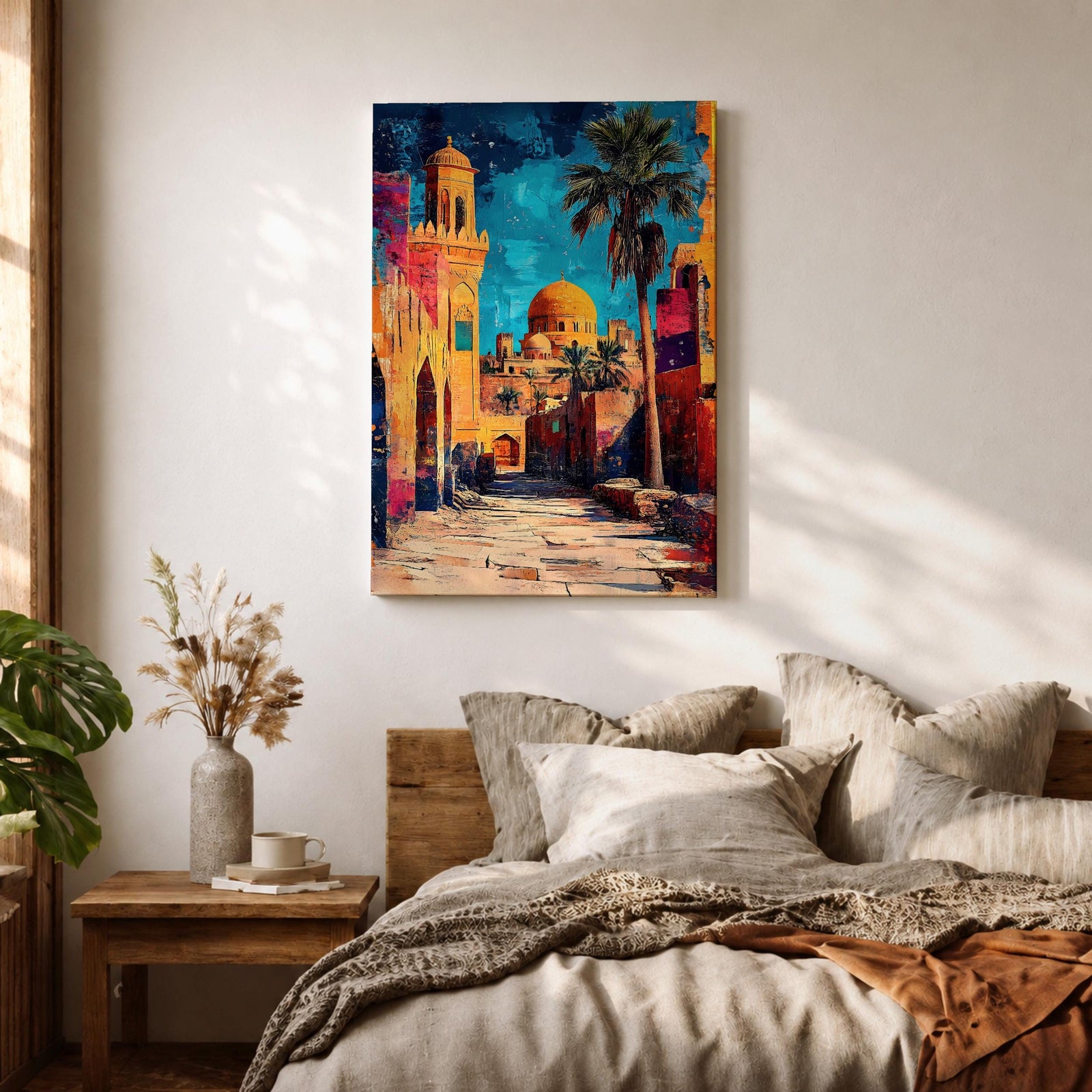 Textured painting of a golden dome mosque rising above an old city street lined with historic stone buildings, palm trees, and warm sunset colors under a vivid blue sky.