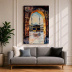 Watercolor-style painting of the Kaaba in Masjid al-Haram viewed through a large stone archway, showing the sacred courtyard with pilgrims and two tall minarets rising above the mosque.