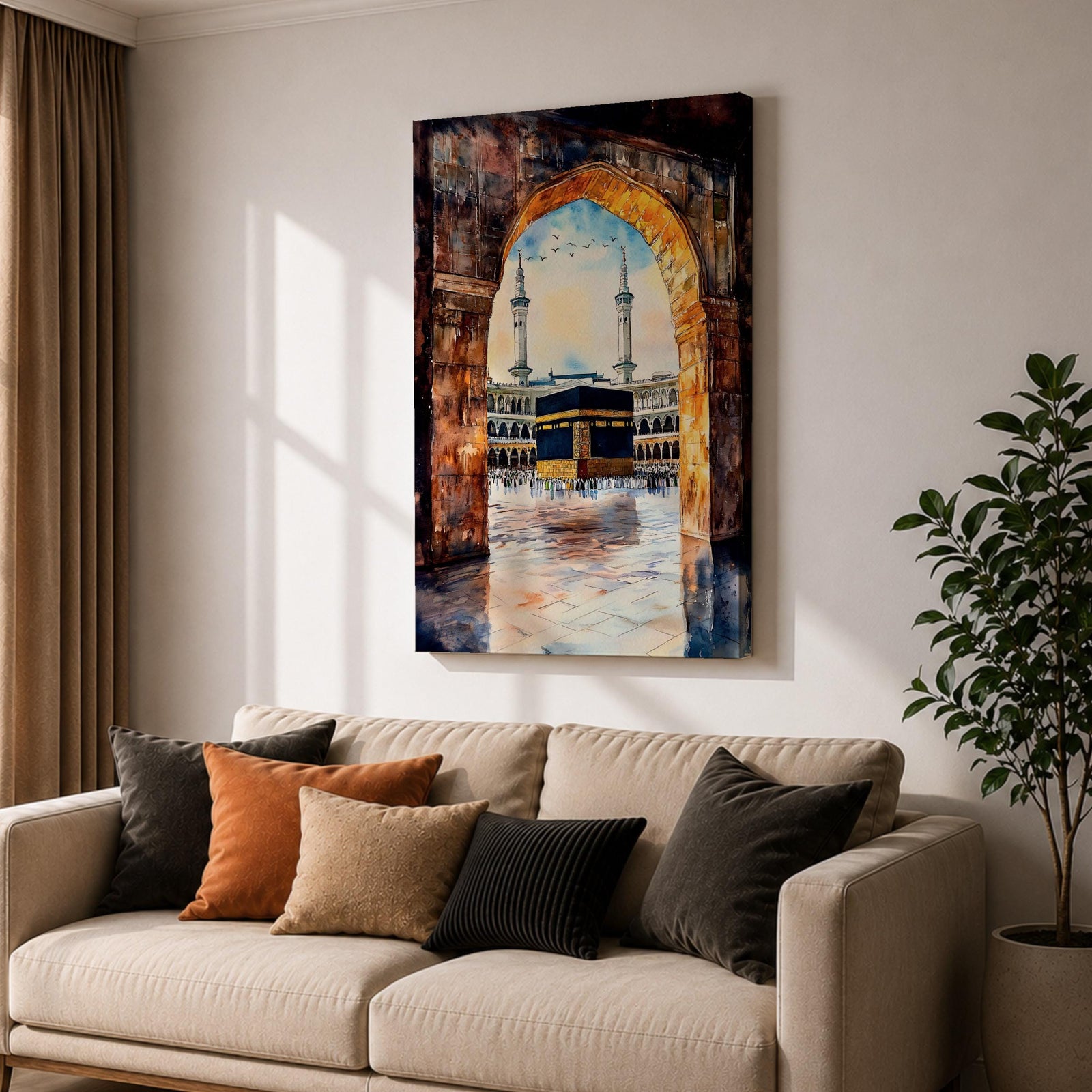 Watercolor-style painting of the Kaaba in Masjid al-Haram viewed through a large stone archway, showing the sacred courtyard with pilgrims and two tall minarets rising above the mosque.