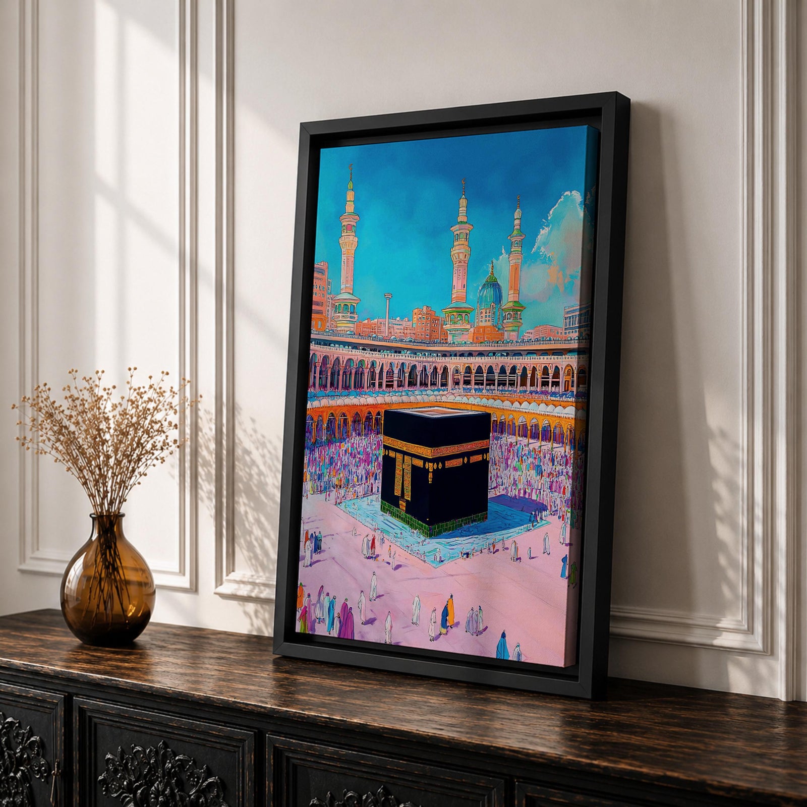 Colorful illustration of the Kaaba at Masjid al-Haram surrounded by pilgrims performing tawaf in the Grand Mosque courtyard, with tall minarets rising above the sacred mosque beneath a bright blue sky.
