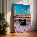 Colorful illustration of the Kaaba at Masjid al-Haram surrounded by pilgrims performing tawaf in the Grand Mosque courtyard, with tall minarets rising above the sacred mosque beneath a bright blue sky.