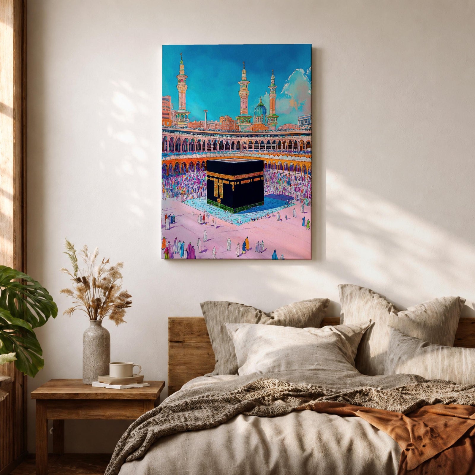 Colorful illustration of the Kaaba at Masjid al-Haram surrounded by pilgrims performing tawaf in the Grand Mosque courtyard, with tall minarets rising above the sacred mosque beneath a bright blue sky.