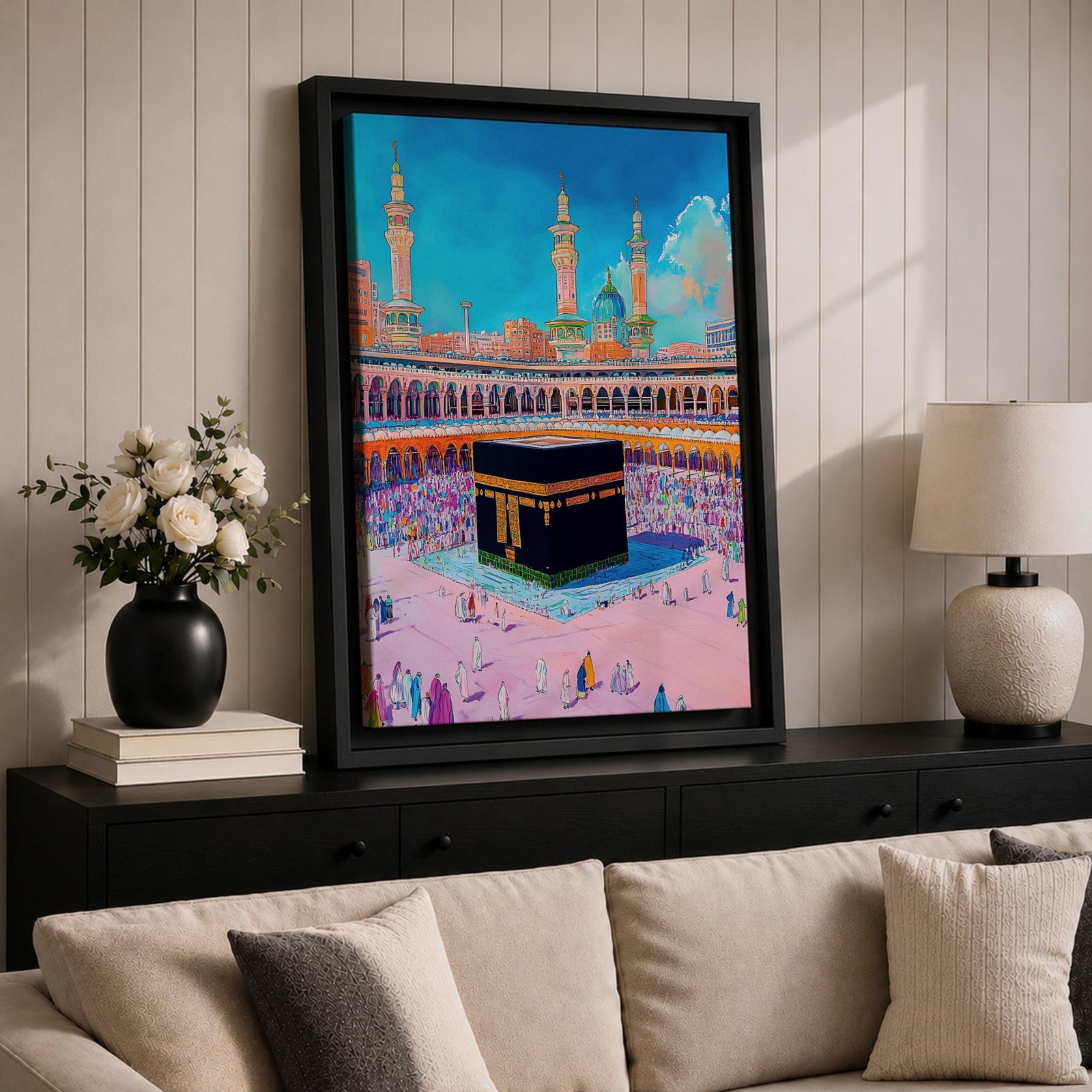 Colorful illustration of the Kaaba at Masjid al-Haram surrounded by pilgrims performing tawaf in the Grand Mosque courtyard, with tall minarets rising above the sacred mosque beneath a bright blue sky.