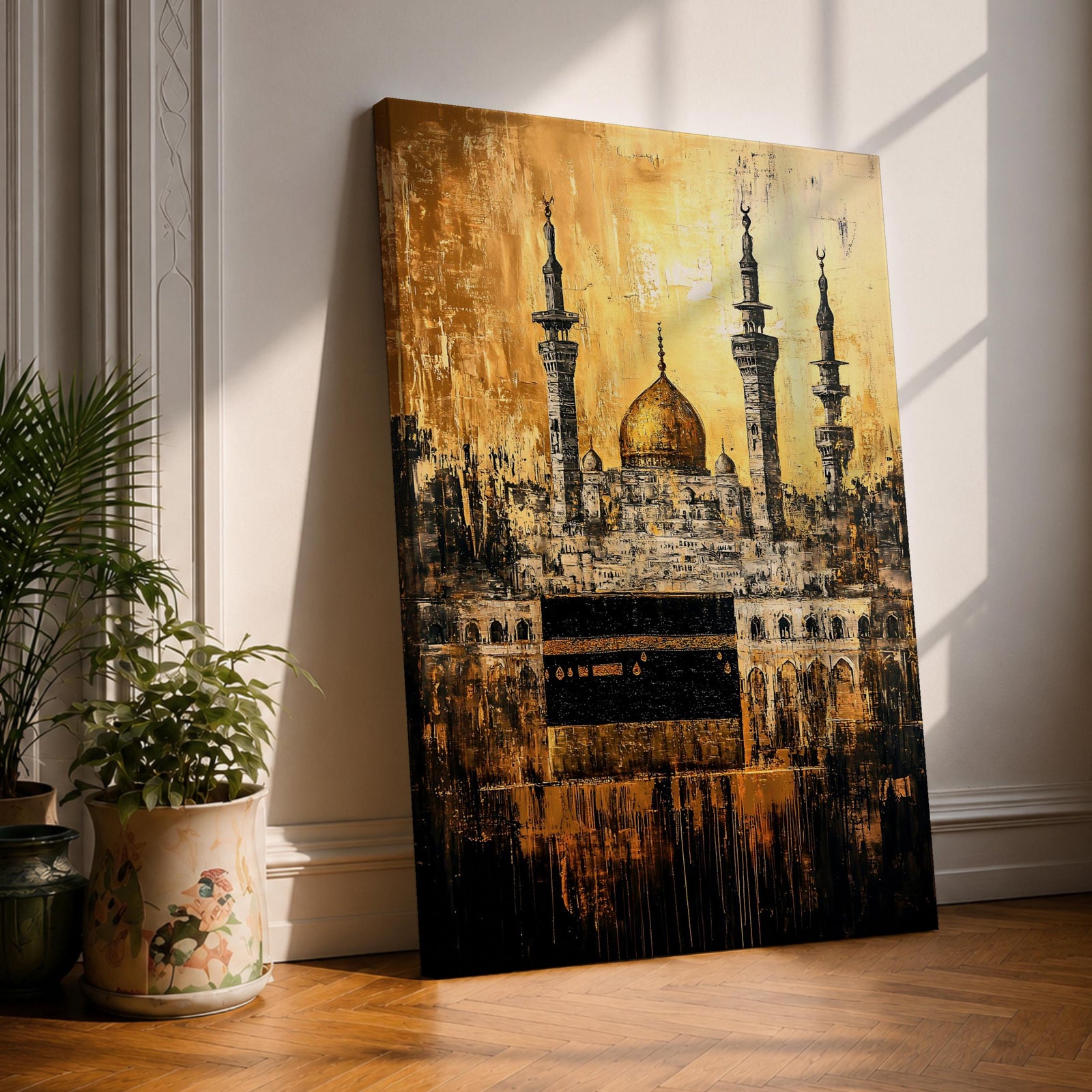 Vintage-style gold textured artwork of the Kaaba at Masjid al-Haram with tall minarets rising above the Mecca skyline in a dramatic Islamic architectural scene.