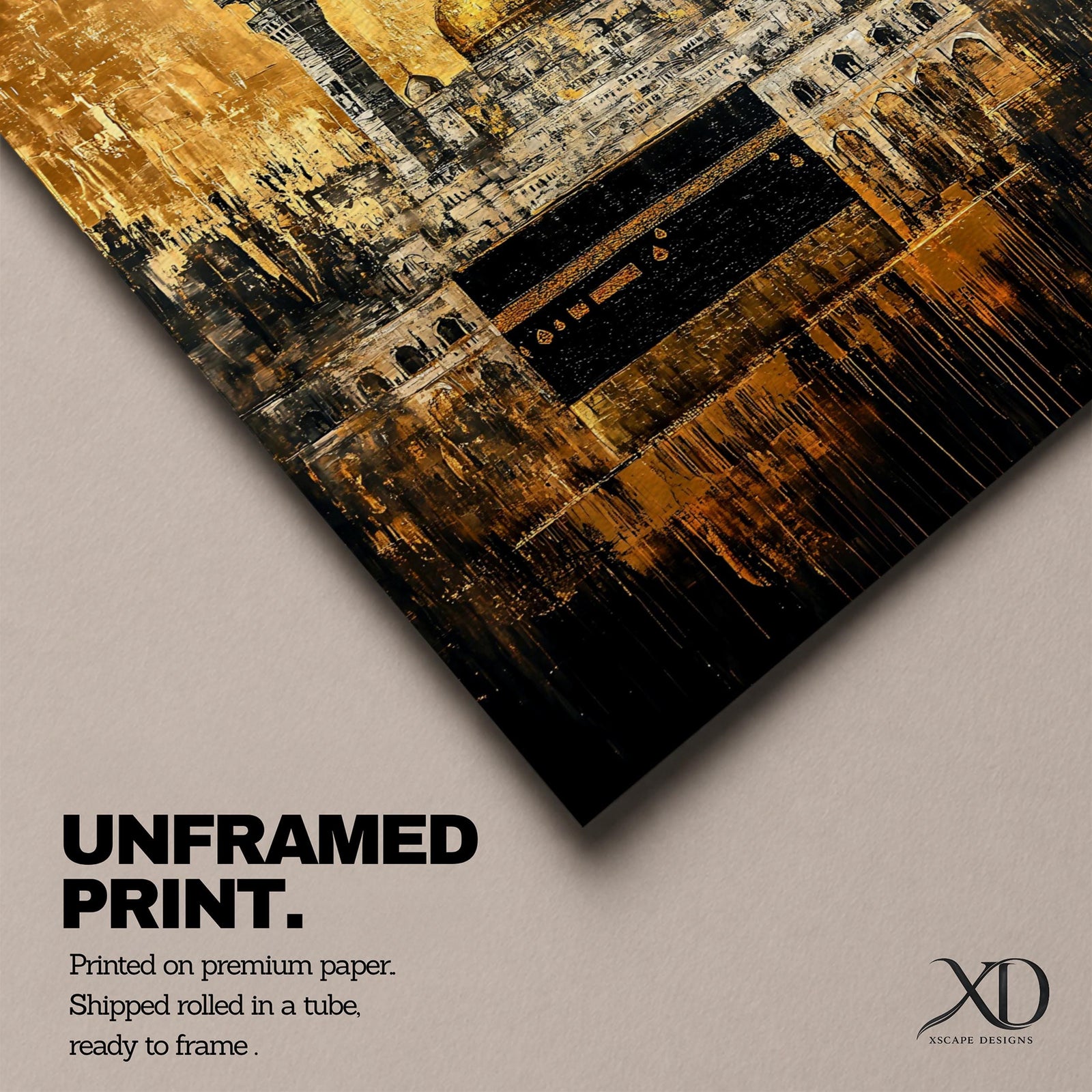 Vintage-style gold textured artwork of the Kaaba at Masjid al-Haram with tall minarets rising above the Mecca skyline in a dramatic Islamic architectural scene.