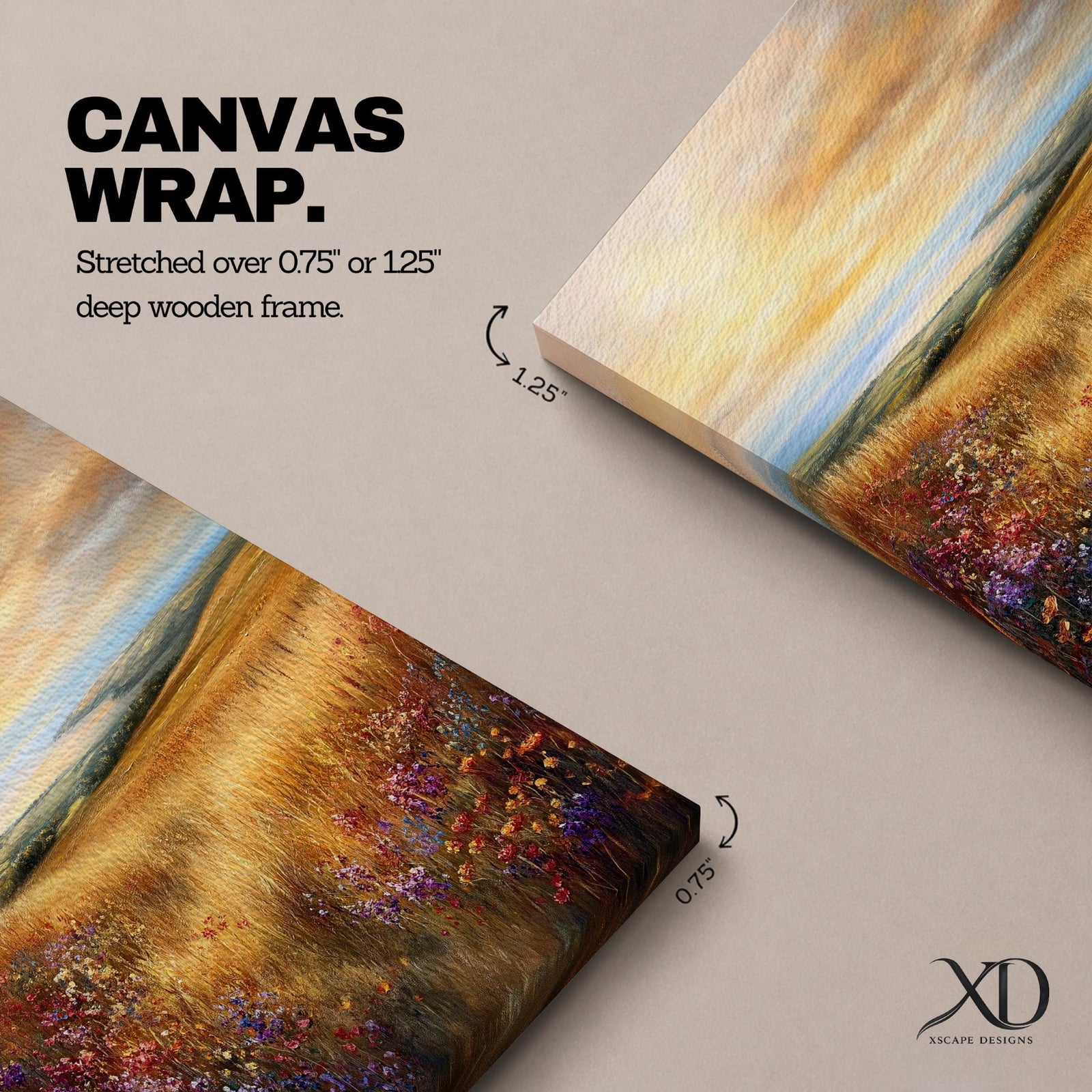 A framed canvas painting depicting a sunset meadow with tall golden grasses and wildflowers leading to a distant horizon under a dramatic sky. The artwork captures a serene rural landscape with warm tones and a cottagecore vibe, rendered in a classic oil painting style.