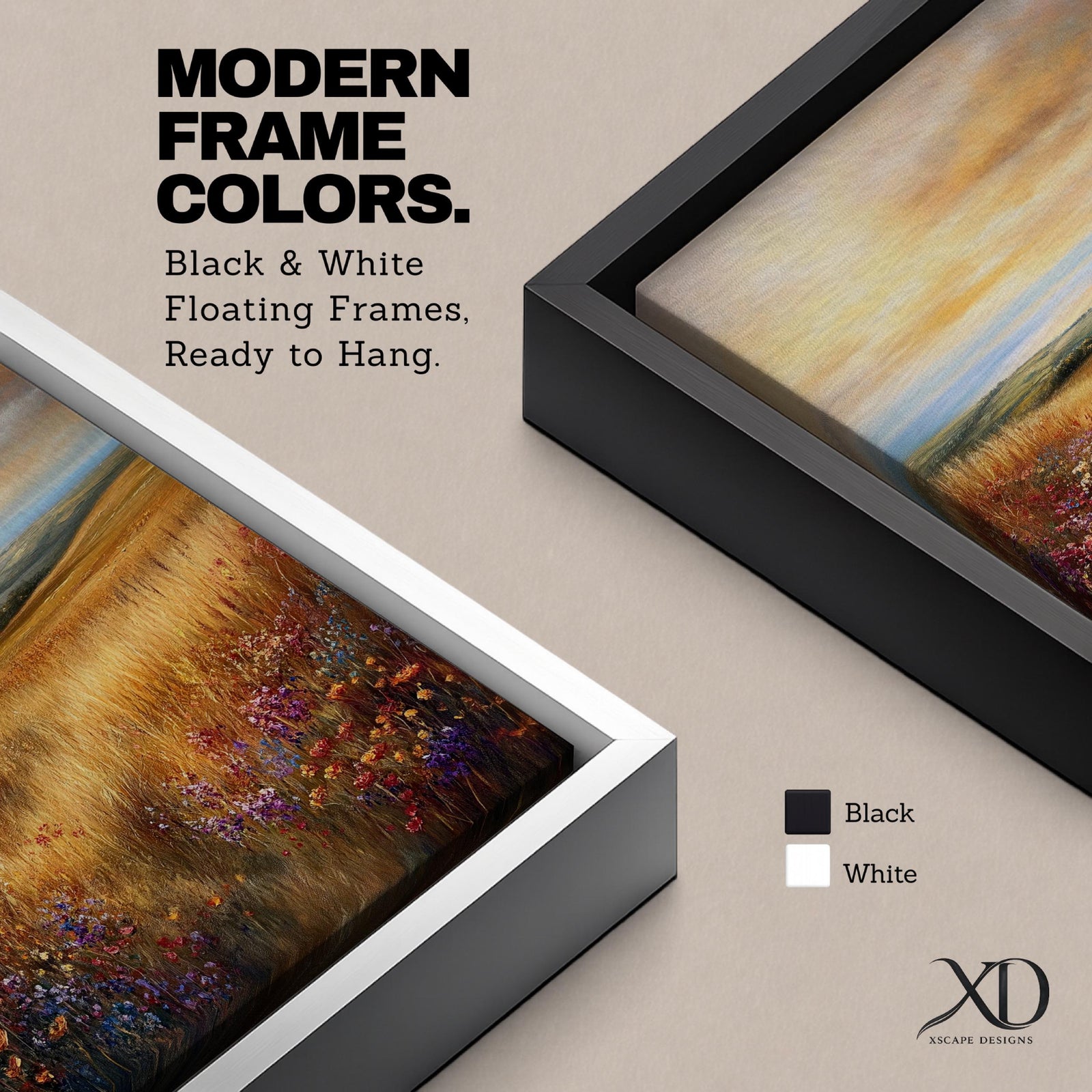 A framed canvas painting depicting a sunset meadow with tall golden grasses and wildflowers leading to a distant horizon under a dramatic sky. The artwork captures a serene rural landscape with warm tones and a cottagecore vibe, rendered in a classic oil painting style.