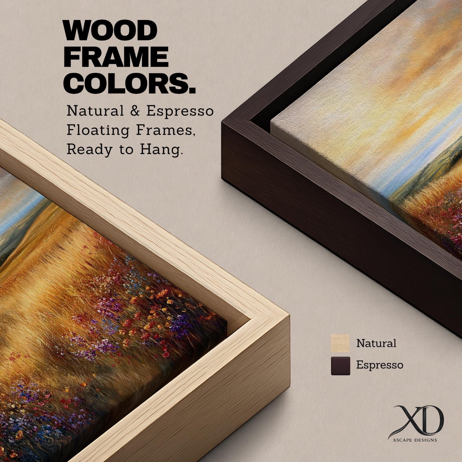 A framed canvas painting depicting a sunset meadow with tall golden grasses and wildflowers leading to a distant horizon under a dramatic sky. The artwork captures a serene rural landscape with warm tones and a cottagecore vibe, rendered in a classic oil painting style.