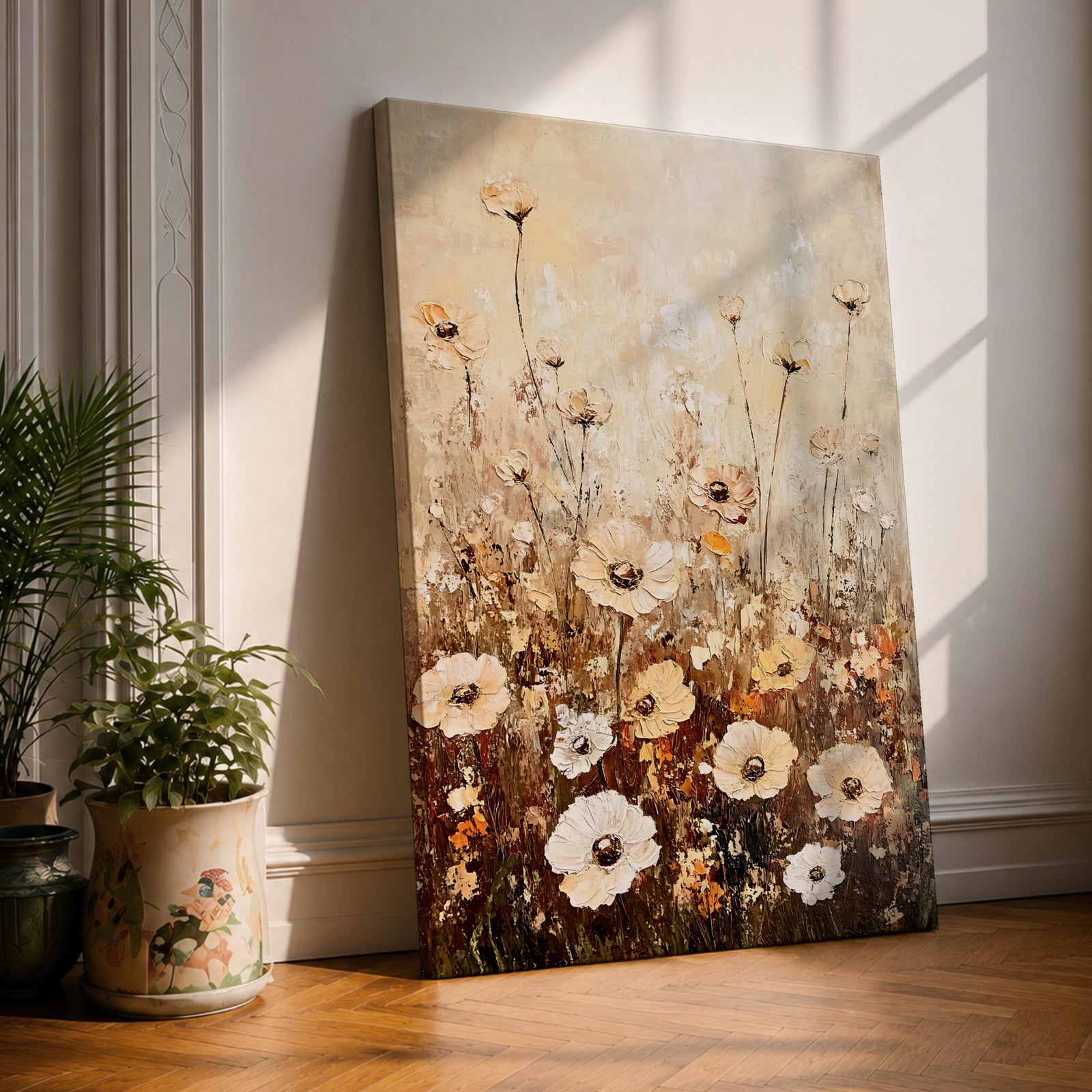 A vintage-style framed canvas painting depicting a wildflower bouquet with delicate, textured flowers and tall stems against a muted background. The artwork features a rustic, botanical aesthetic with soft, natural tones and a cottagecore vibe, emphasizing floral beauty in an antique visual style.