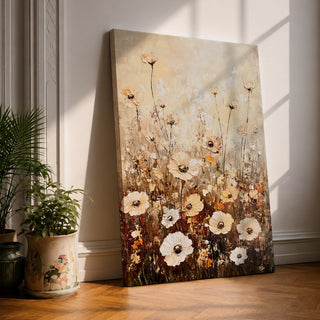 A vintage-style framed canvas painting depicting a wildflower bouquet with delicate, textured flowers and tall stems against a muted background. The artwork features a rustic, botanical aesthetic with soft, natural tones and a cottagecore vibe, emphasizing floral beauty in an antique visual style.