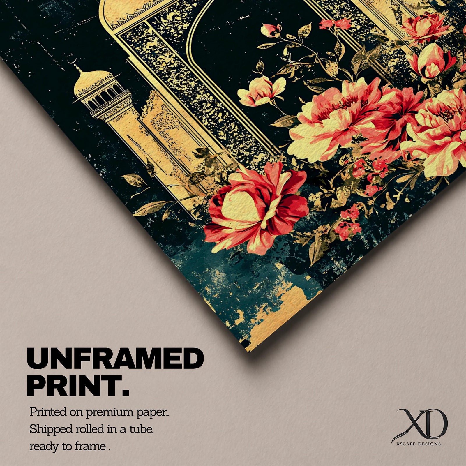 Vintage Persian-inspired artwork of a golden dome mihrab archway with ornate Islamic patterns and blooming flowers against a dark textured background.