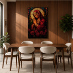 A stained glass style artwork depicting the Virgin Mary in a red robe with hands clasped in prayer, surrounded by a glowing halo and red roses at the bottom. The piece features intricate glass-like segments and rich colors, capturing a classic religious stained glass window aesthetic.