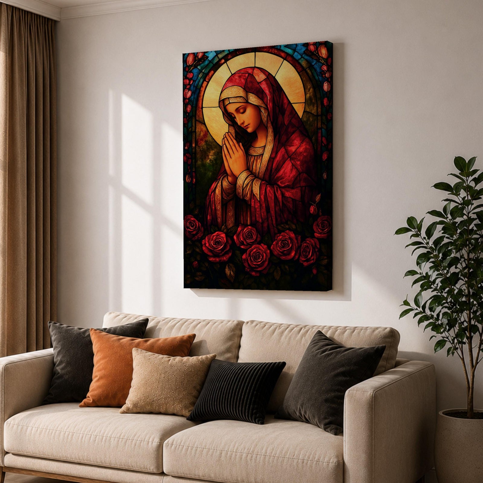 A stained glass style artwork depicting the Virgin Mary in a red robe with hands clasped in prayer, surrounded by a glowing halo and red roses at the bottom. The piece features intricate glass-like segments and rich colors, capturing a classic religious stained glass window aesthetic.