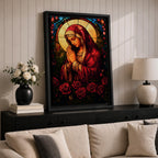 A stained glass style artwork depicting the Virgin Mary in a red robe with hands clasped in prayer, surrounded by a glowing halo and red roses at the bottom. The piece features intricate glass-like segments and rich colors, capturing a classic religious stained glass window aesthetic.