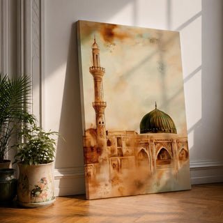Vintage-style painting of Masjid Al Nabawi in Medina featuring the iconic green dome and a tall mosque minaret in warm earthy tones.