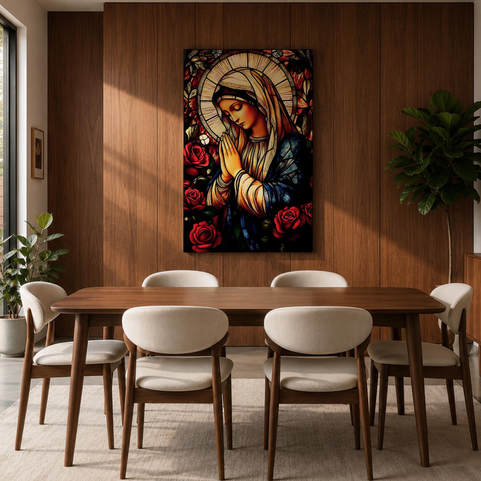 A stained glass style depiction of the Virgin Mary with hands clasped in prayer surrounded by red roses and a radiant halo, rendered in vibrant colors and intricate glass-like textures, evoking a classic religious portrait in a mosaic-inspired visual style.